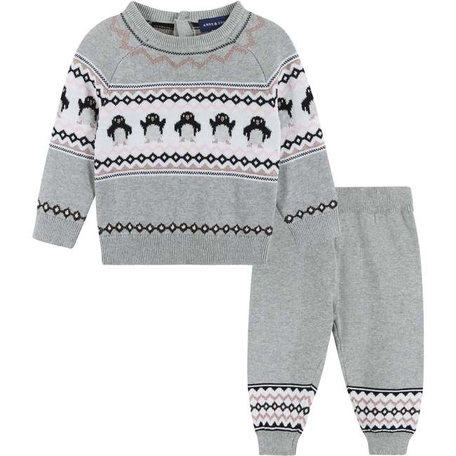 Baby Girls Penguin Fair Isle Sweater Set, Grey