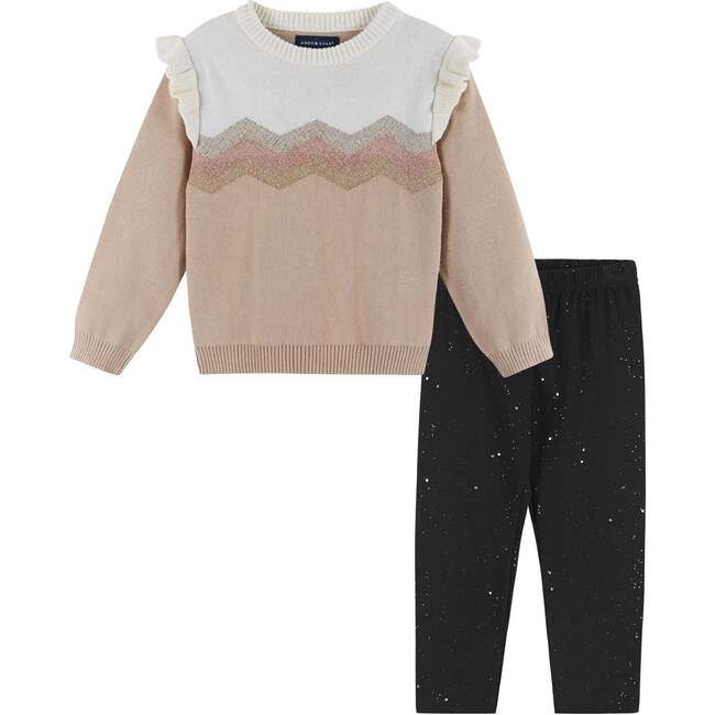 Girls Lurex Chevron Sweater Set, Cream