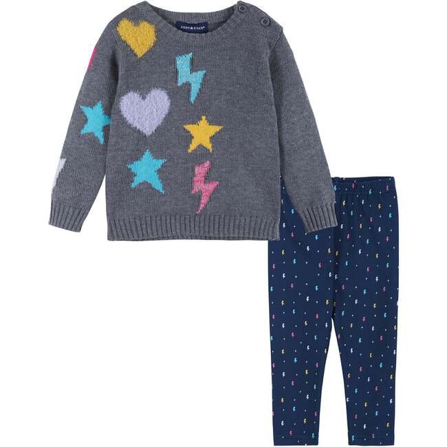 Baby Girls Star, Heart, & Lightning Bolt Sweater Set, Grey