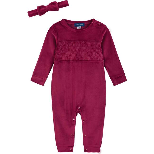 Baby Girls Red Velvet Romper with Bow Headband, Red - Rompers - 1