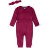 Baby Girls Red Velvet Romper with Bow Headband, Red - Rompers - 1 - thumbnail