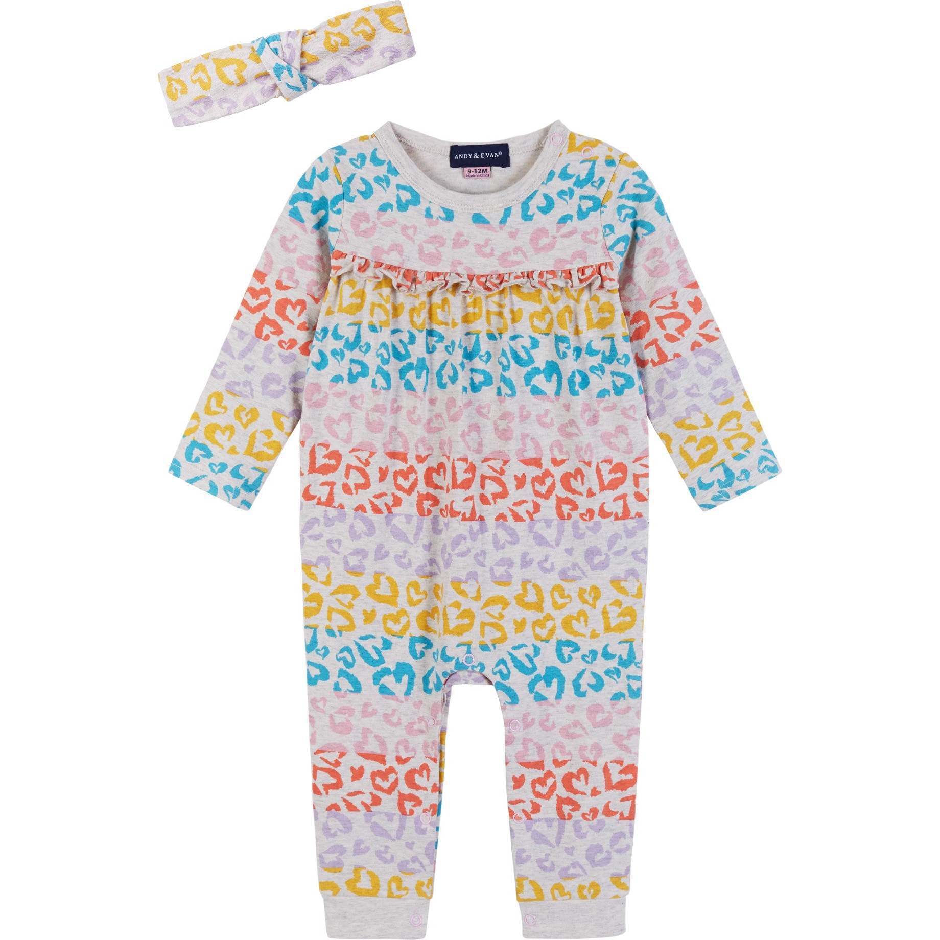 Baby Girls Colorful Heart Romper with Headband, Beige - Rompers - 1