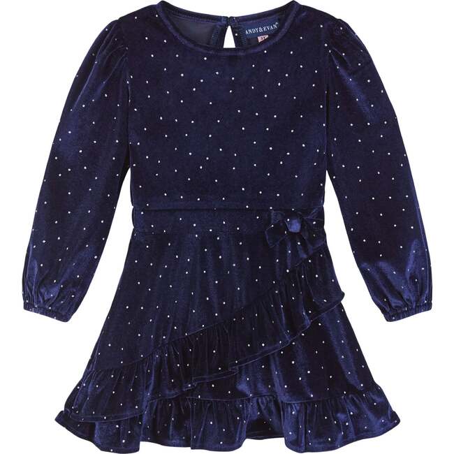 Girls Velvet Faux Wrap Dress, Navy - Dresses - 1