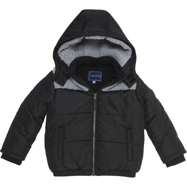 Boys Black Sherpa Shoulder Puffer Coat, Black - Andy & Evan Outerwear ...