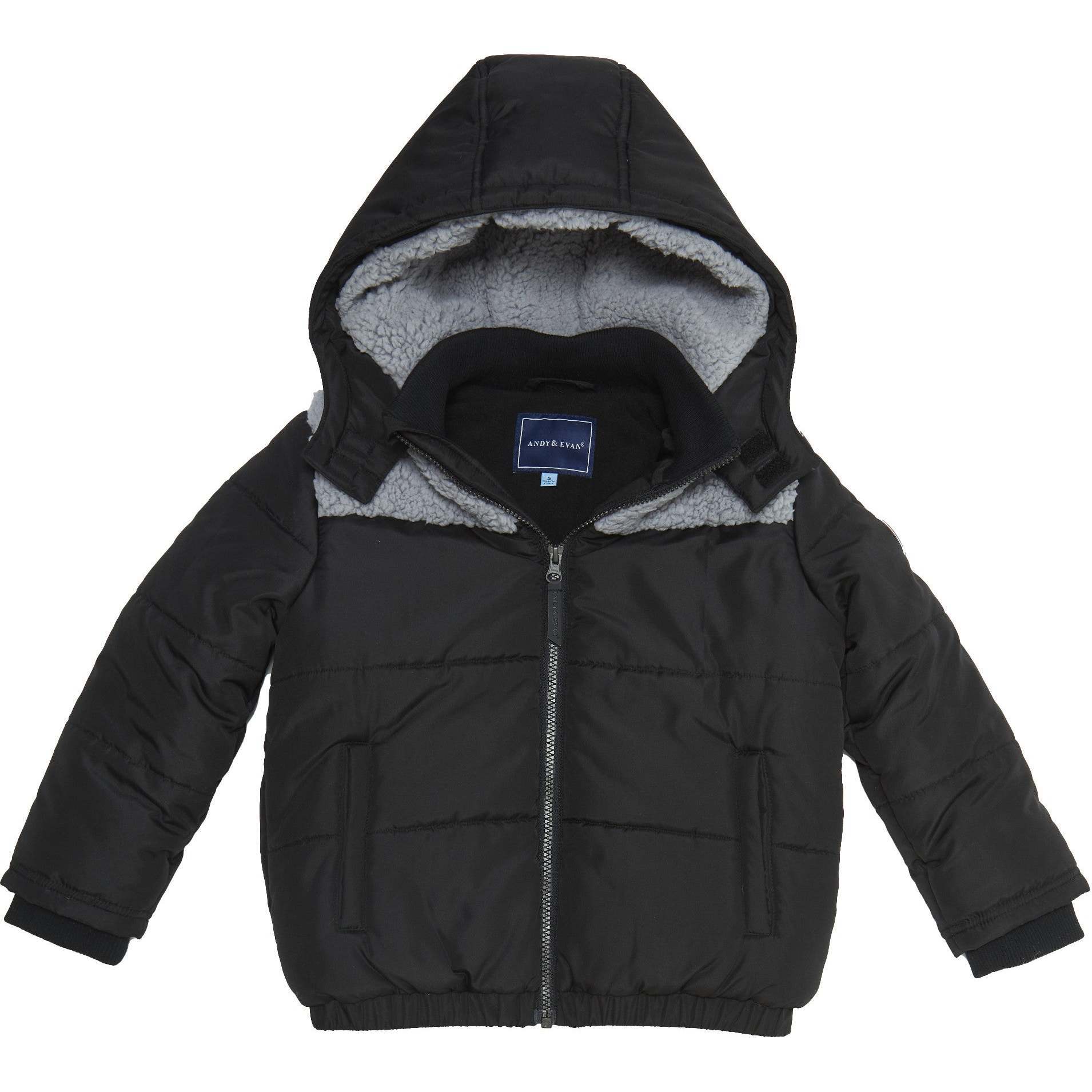 Boys Black Sherpa Shoulder Puffer Coat, Black - Coats - 1