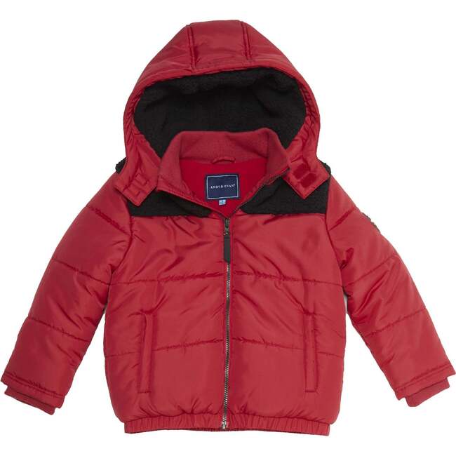 Boys Red Sherpa Shoulder Puffer Coat, Red