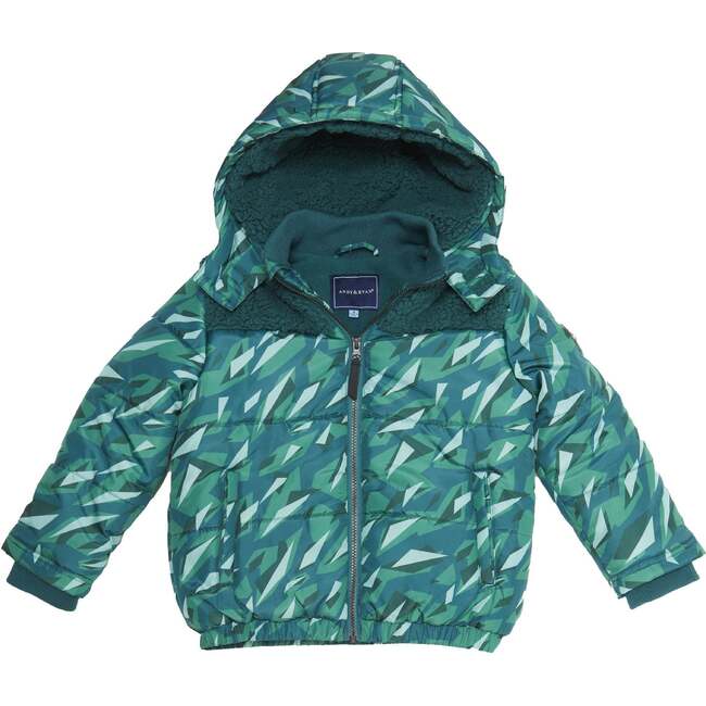 Boys Geo Camo Sherpa Shoulder Puffer Coat, Green