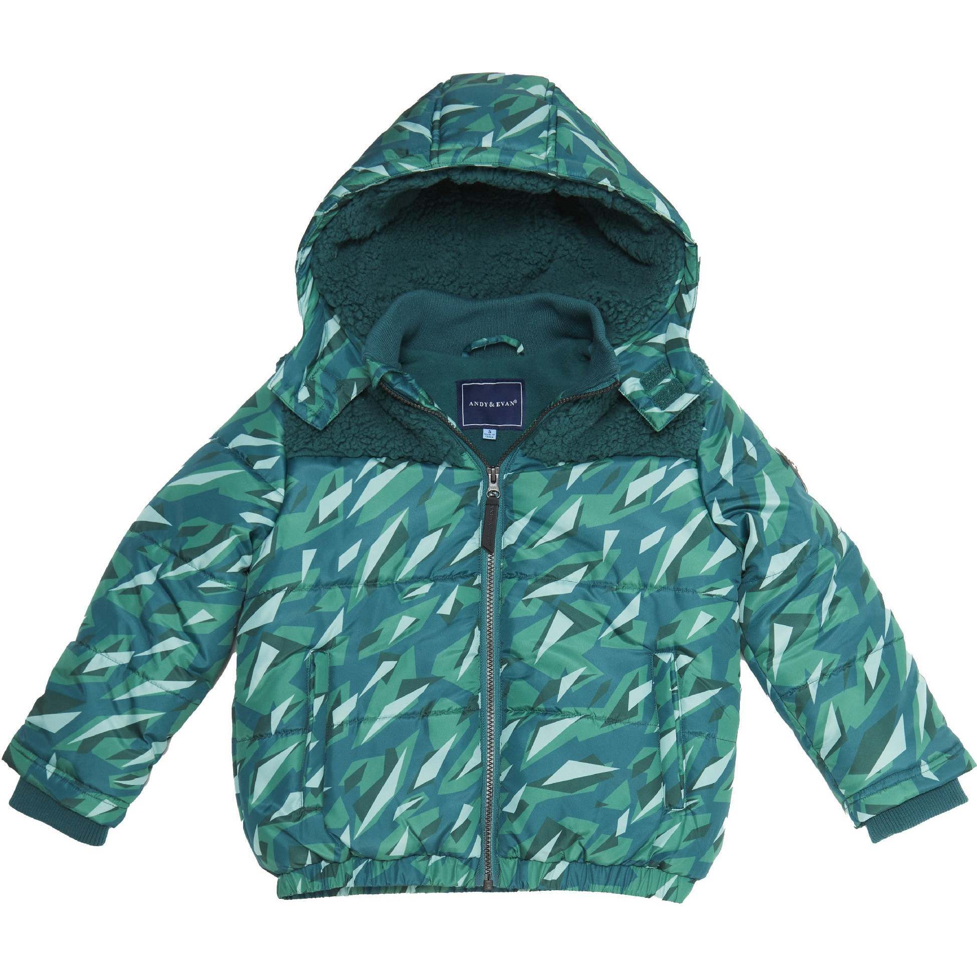 Boys Geo Camo Sherpa Shoulder Puffer Coat, Green - Coats - 1