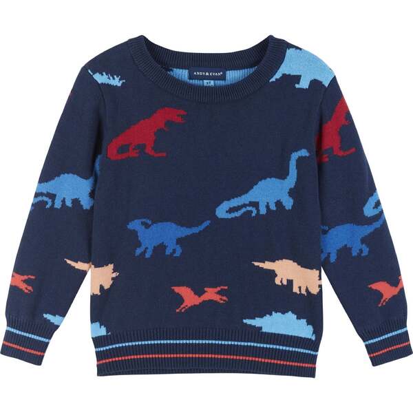 Boys Dinosaur Pattern Sweater, Navy - Andy & Evan Sweaters | Maisonette