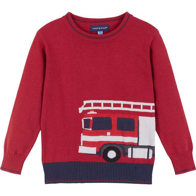 Boys Firetruck Graphic Sweater, Red - Sweaters - 1