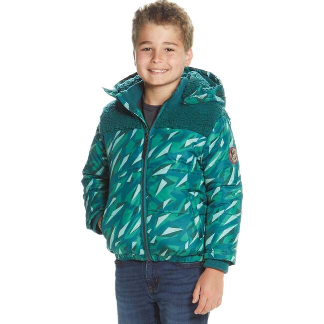 Boys Geo Camo Sherpa Shoulder Puffer Coat, Green