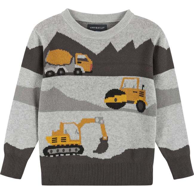 Boys Construction Vehicles Sweater, Grey - Sweaters - 1