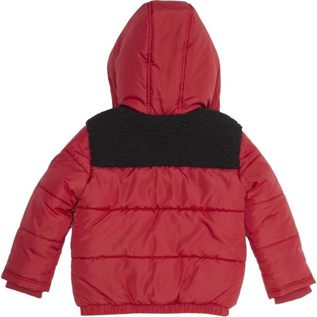 Boys Red Sherpa Shoulder Puffer Coat, Red - Coats - 3