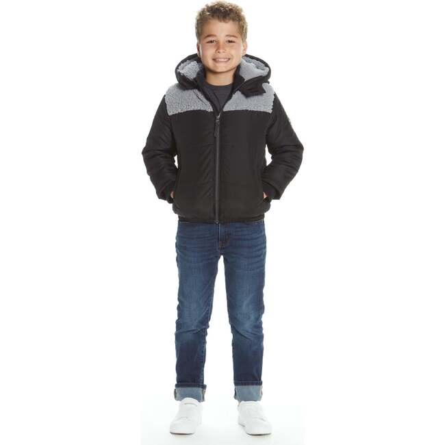 Boys Black Sherpa Shoulder Puffer Coat, Black - Coats - 4