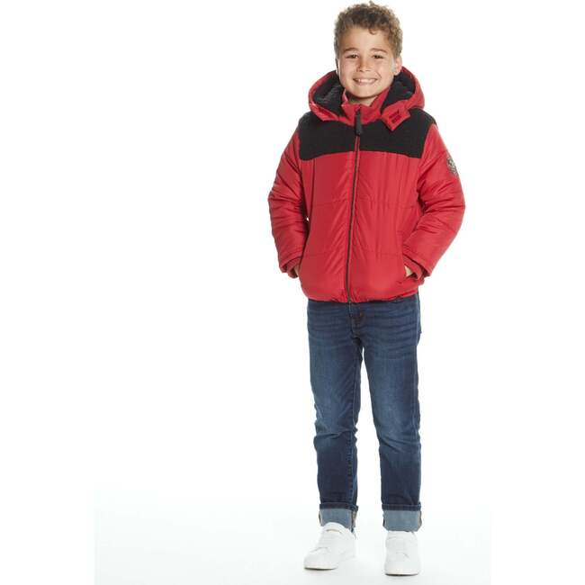 Boys Red Sherpa Shoulder Puffer Coat, Red - Coats - 4