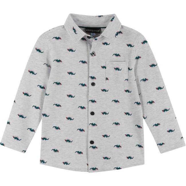 Boys Stegosaurus Pattern Button Down Shirt, Oatmeal