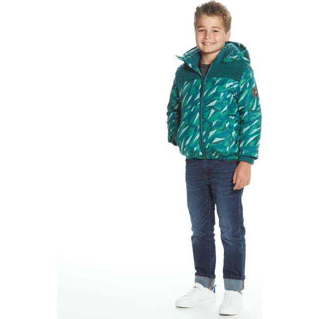 Boys Geo Camo Sherpa Shoulder Puffer Coat, Green - Coats - 4