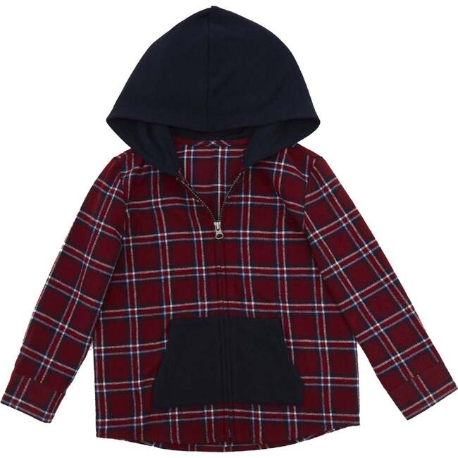 Boys Red Plaid Flannel Hoodie, Red
