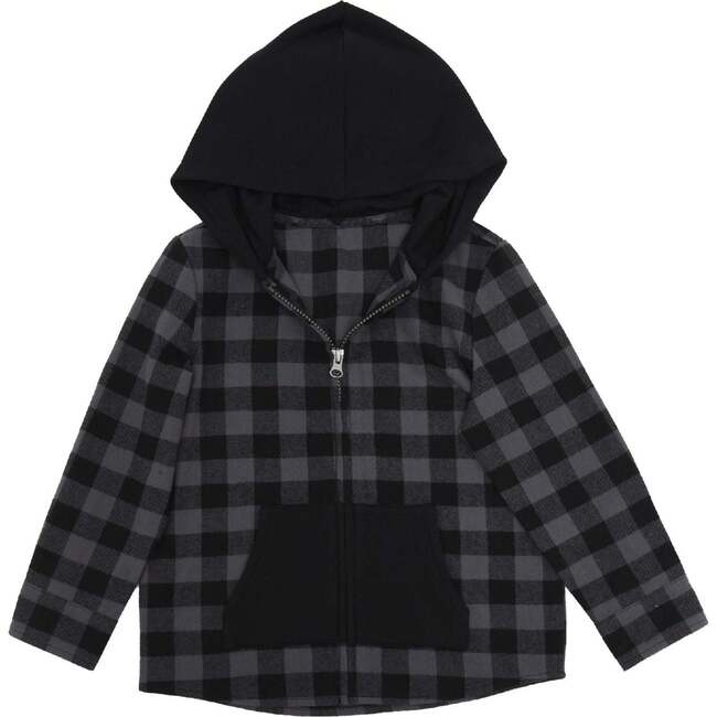 Boys Black Plaid Flannel Hoodie, Black - Sweaters - 1