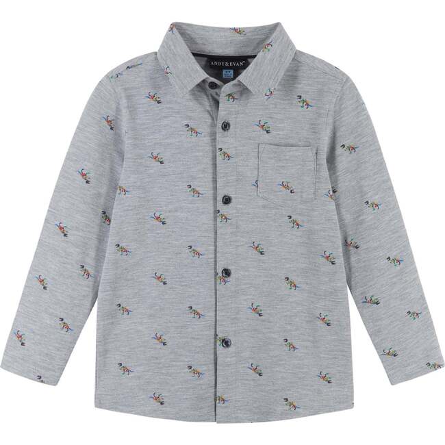Boys Knit Dinosaur Button Down Shirt, Grey