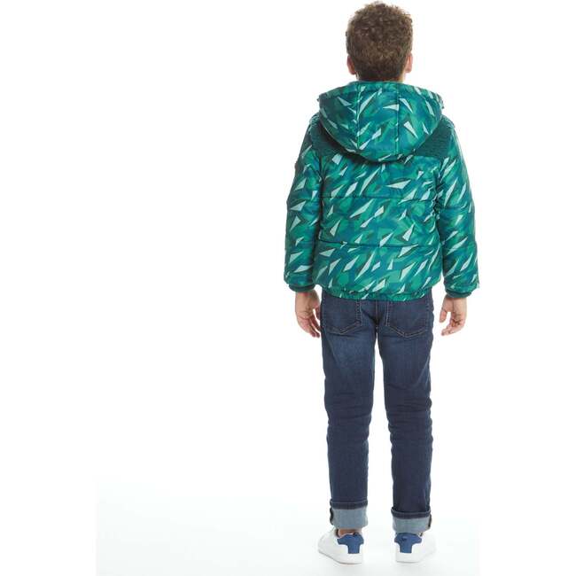 Boys Geo Camo Sherpa Shoulder Puffer Coat, Green - Coats - 5