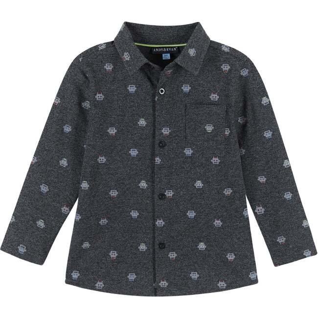 Boys Knit Robot Pattern Button Down Shirt, Charcoal