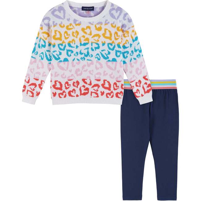 Girls Colorful Hearts Sweater Set, White