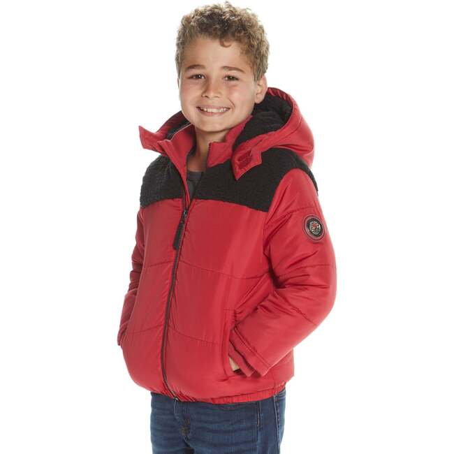 Boys Red Sherpa Shoulder Puffer Coat, Red - Coats - 6