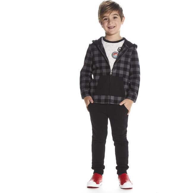 Boys Black Plaid Flannel Hoodie, Black - Sweaters - 2