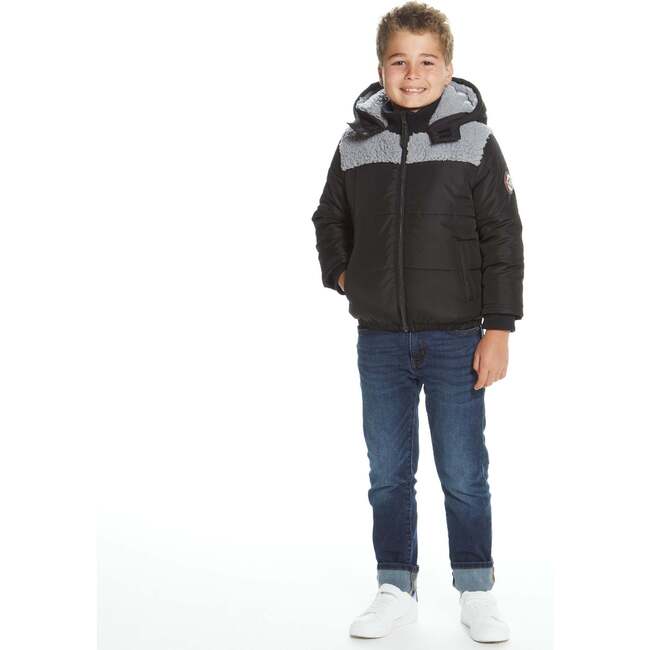 Boys Black Sherpa Shoulder Puffer Coat, Black - Coats - 7