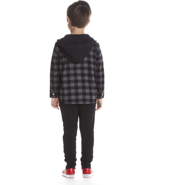 Boys Black Plaid Flannel Hoodie, Black - Sweaters - 3