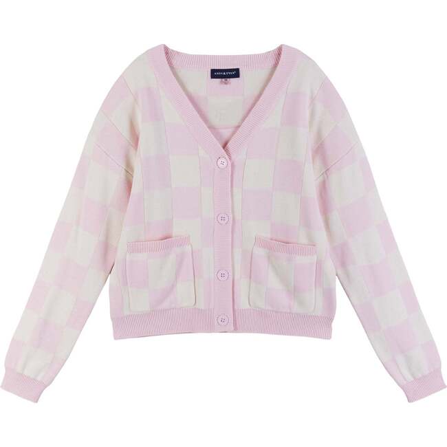 Girls Pink Checkered Cardigan Sweater, Pink