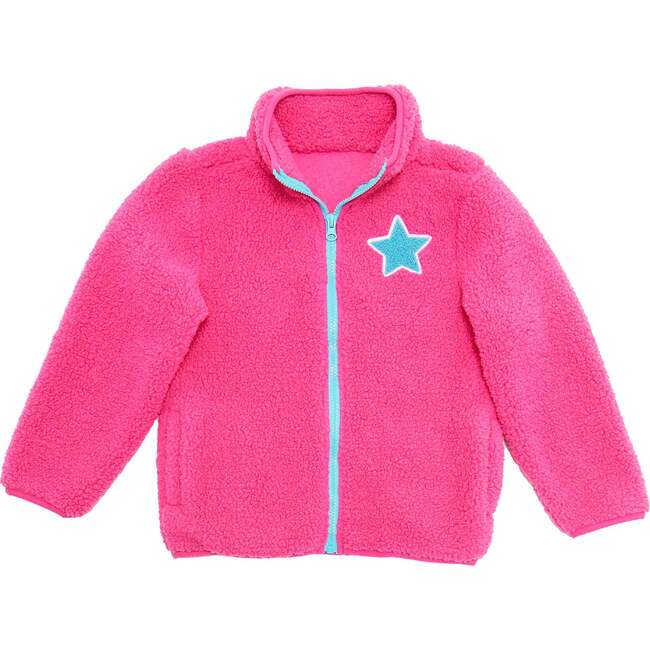 Girls Pink Star Patched Sherpa Jacket, Hot Pink