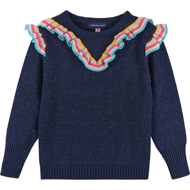 Girls Multi-Color Ruffle Lurex Sweater, Navy