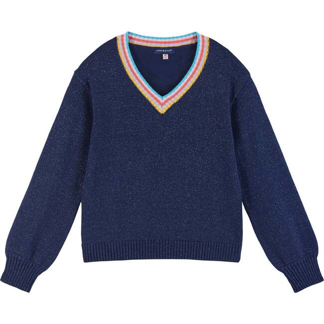 Girls Navy Lurex Sweater with Multi-Stripe Collar, Navy