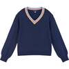 Girls Navy Lurex Sweater with Multi-Stripe Collar, Navy - Sweaters - 1 - thumbnail