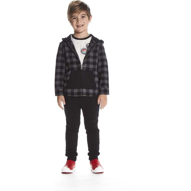 Boys Black Plaid Flannel Hoodie, Black - Sweaters - 4