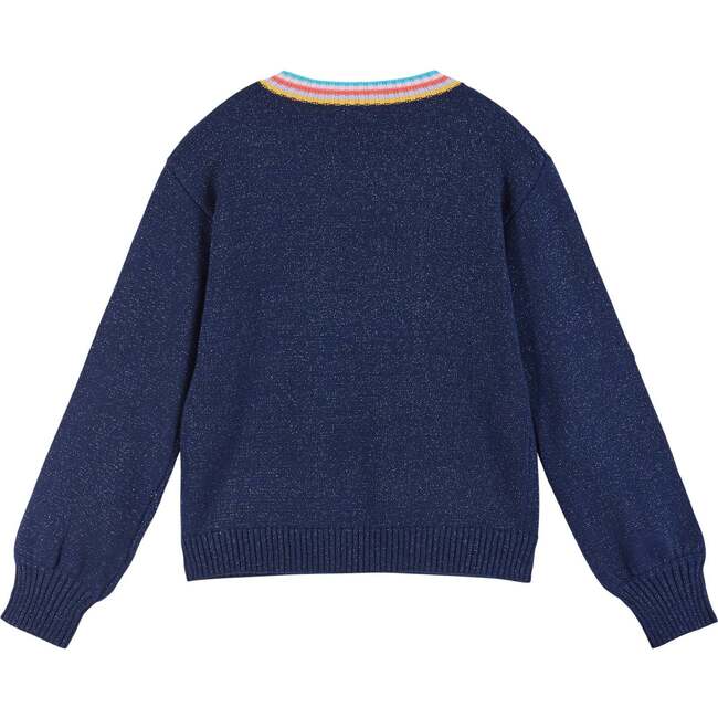 Girls Navy Lurex Sweater with Multi-Stripe Collar, Navy - Sweaters - 2