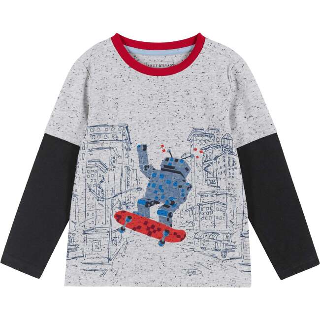Boys Long Sleeve Skater Robot Tee, Grey - T-Shirts - 1