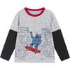 Boys Long Sleeve Skater Robot Tee, Grey - T-Shirts - 1 - thumbnail