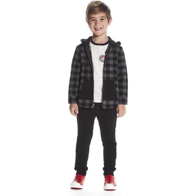 Boys Black Plaid Flannel Hoodie, Black - Sweaters - 5
