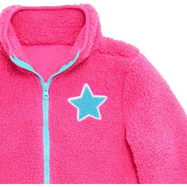 Girls Pink Star Patched Sherpa Jacket, Hot Pink - Jackets - 4