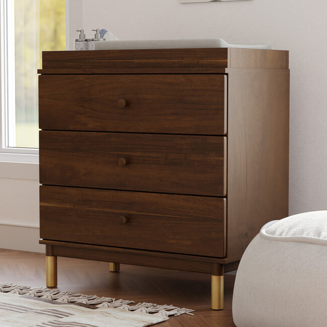 Gelato 3-Drawer Changer Dresser with Removable Changing Tray, Natural Walnut & Gold Feet