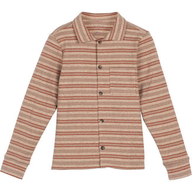 George Button Front Polo, Red & Brown Stripe - Shirts - 1