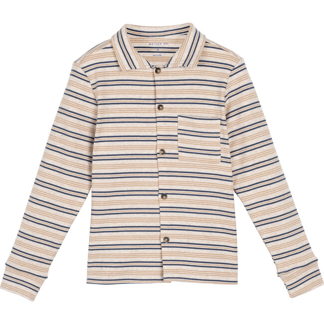 George Button Front Polo, Navy & Tan Stripe - Shirts - 1