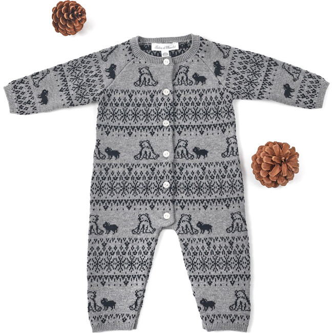 Bear Friends Cotton Cashmere Jumpsuit, Grey - Rompers - 3