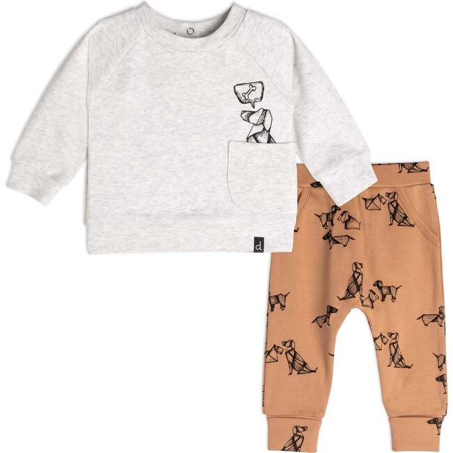 Organic Cotton Printed Dogs Top And Pant Set, Beige Mix And Brown