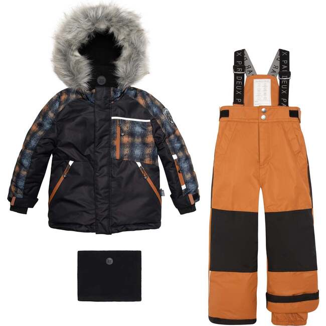 Checked Print Two Piece Snowsuit, Black And Brown