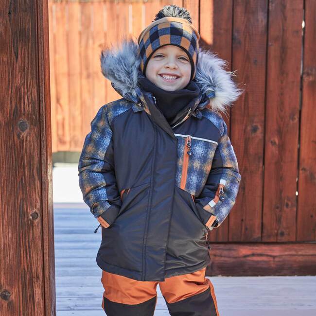 Checked Print Two Piece Snowsuit, Black And Brown