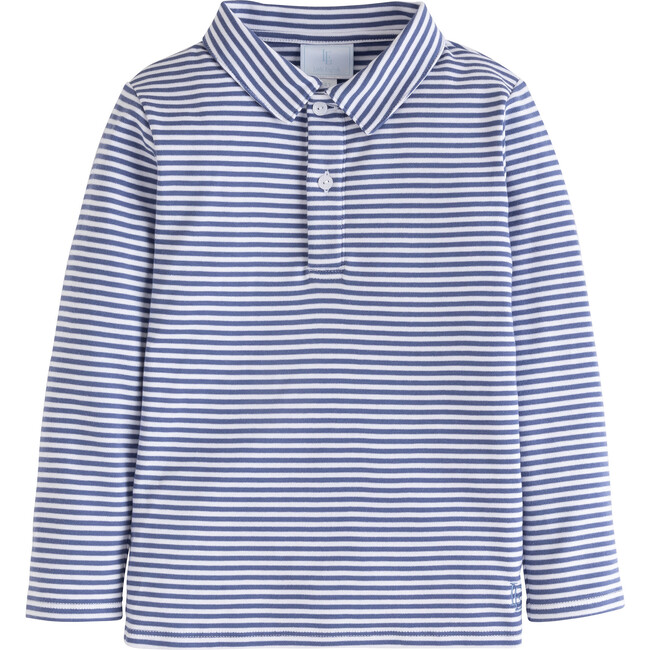 Long Sleeve Striped Polo, Gray Blue - Polo Shirts - 1